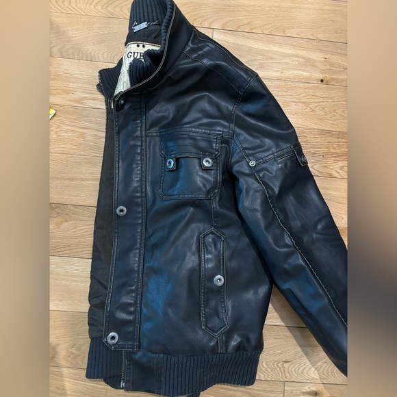 GUESS USA Dark Faux Leather Bomber Jacket - Picture 7 of 7